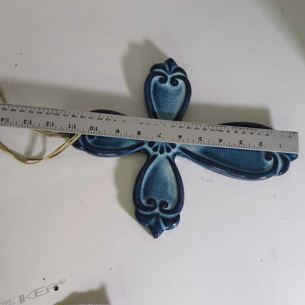 Ceramic Cross Wall Hanging Blue Religious Home Decor Spiritual Art 9.25 X 11.75